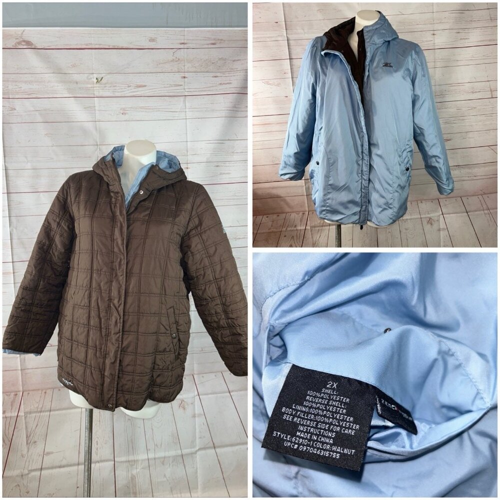 Zero Exposure Women’s Size 2X Quilted Brown blue Reversible Hooded Jacket Zip up